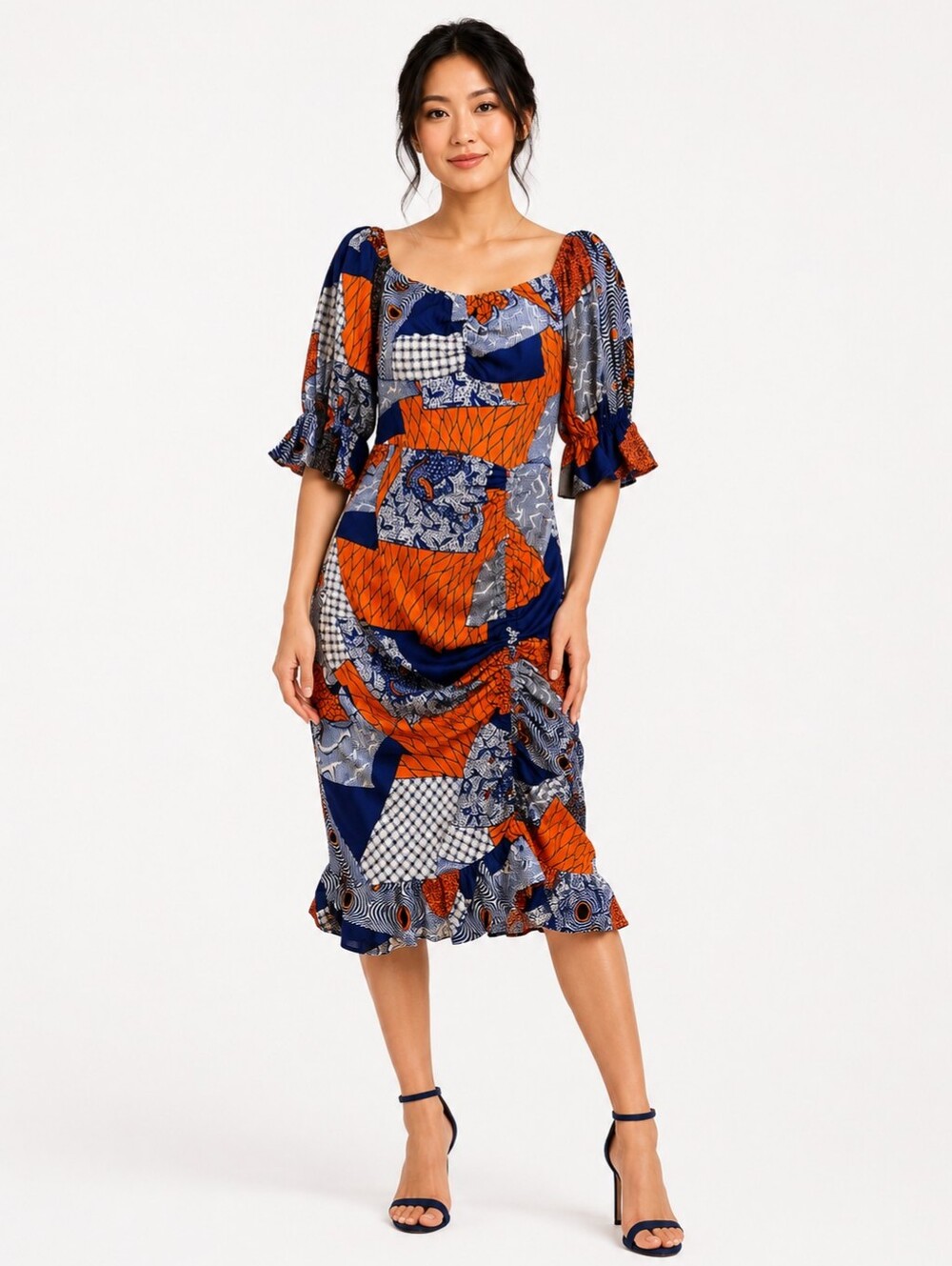 O'FUURE 100% Cotton Ruched Midi Dress Blue Orange Print Size S